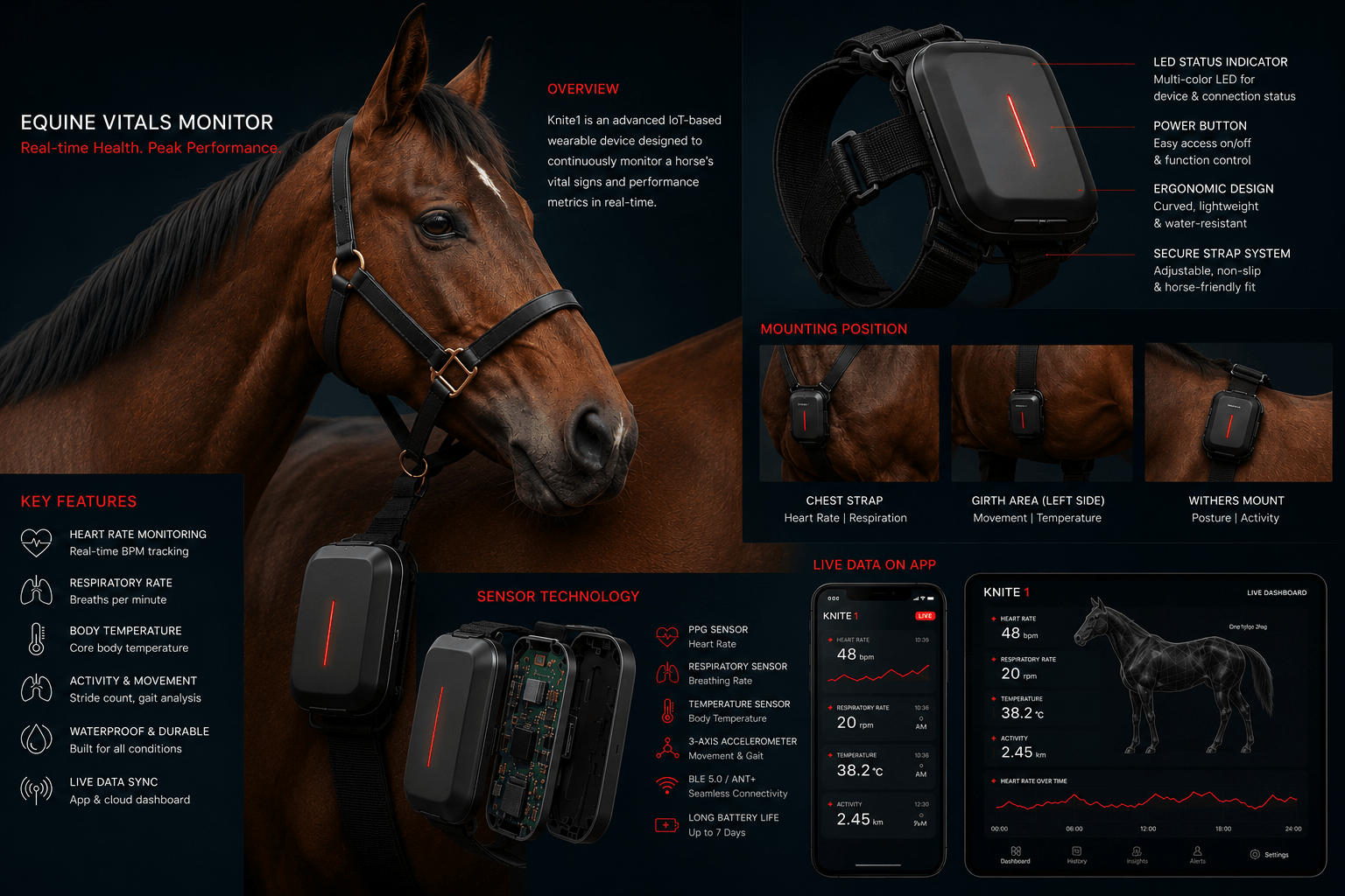 Knite1 Equine Vitals Monitor — Complete product overview showing device design, key features, sensor technology, mounting positions, and live app data dashboard